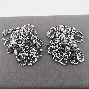 Clip On Beaded Statement Earring Black White Seed Bead Cluster Artsy Whimsical
